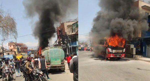काठमाडौंको ढुंगेअड्डामा गुड्दै गरेको बसमा आगलागी